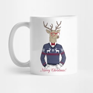 Hand Drawn Vector Illustration of Deer Hipster in Jacquard Sweater Mug